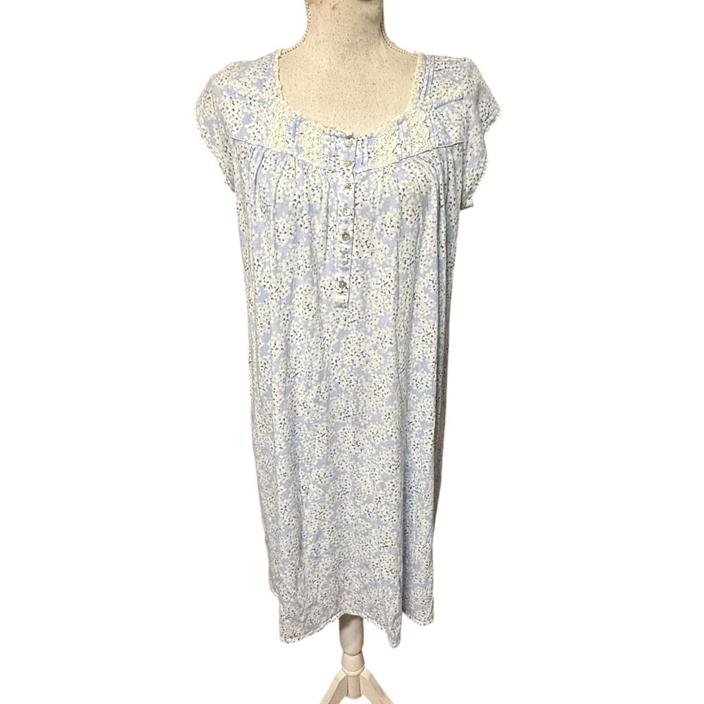 Eileen West Soft Cotton Knit Cap Sleeve Nightgown S White w/ Navy Floral